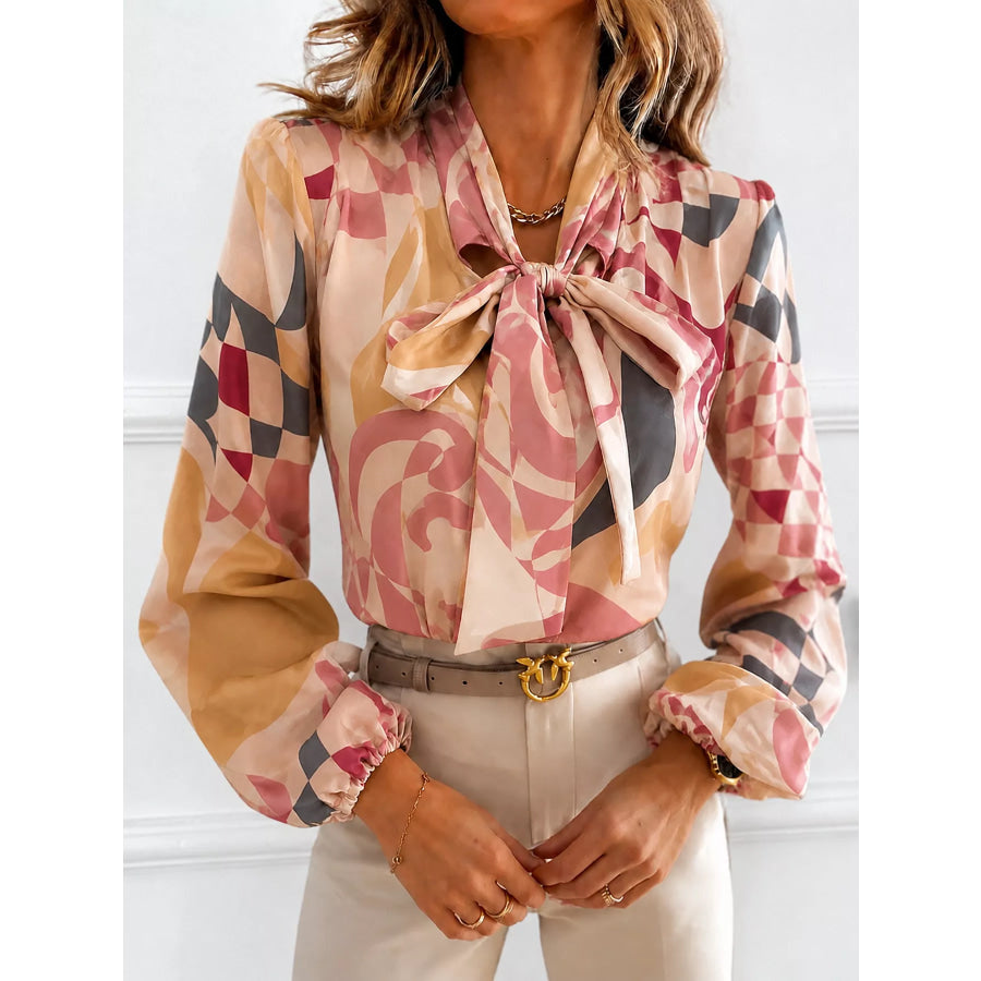 Printed Bow-Tie Neck Long Sleeve Blouse Pale Blush / S Apparel and Accessories