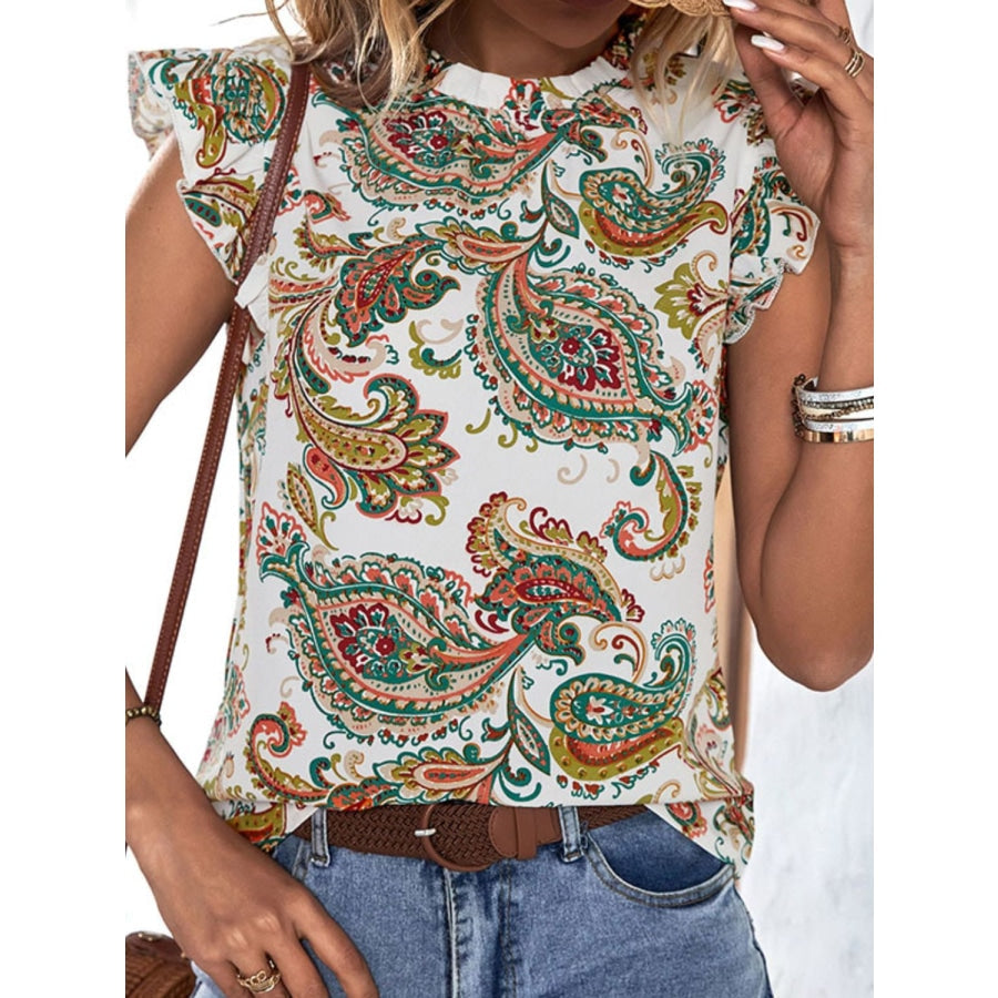 Printed Butterfly Sleeve Keyhole Blouse