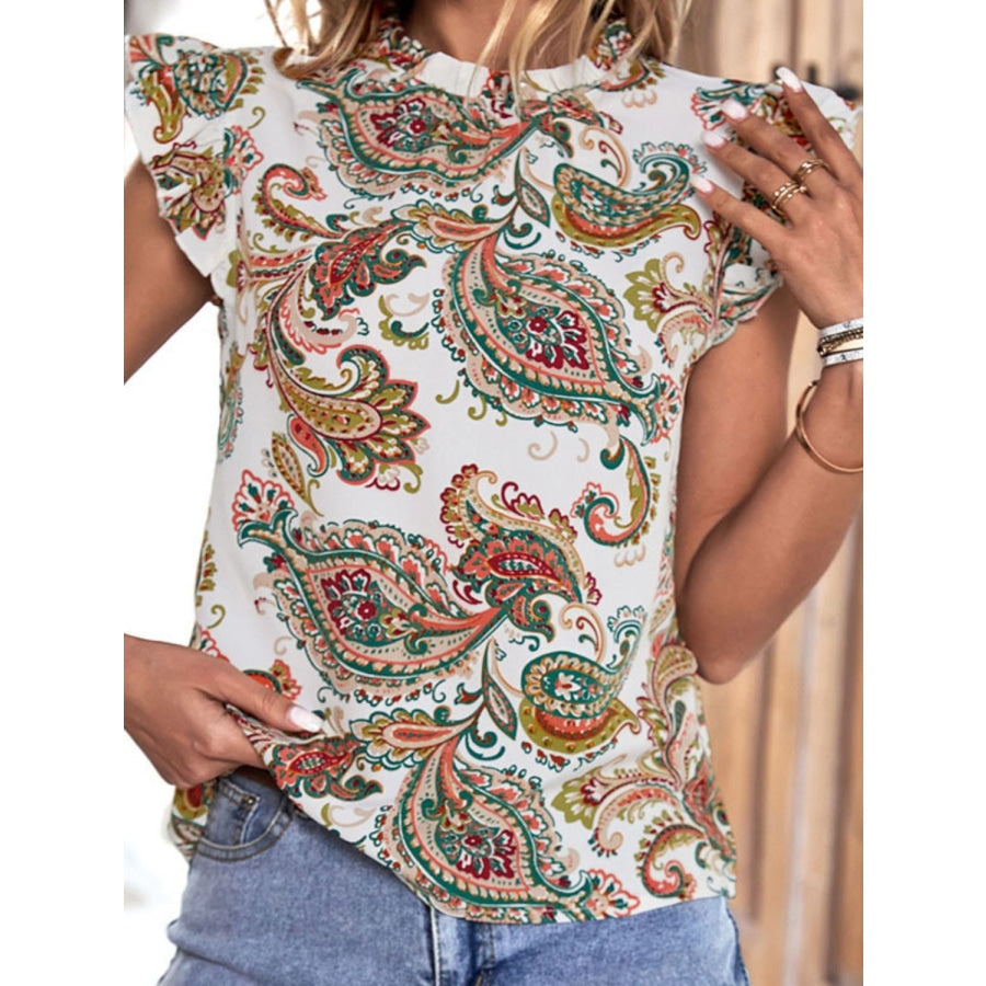 Printed Butterfly Sleeve Keyhole Blouse White / S