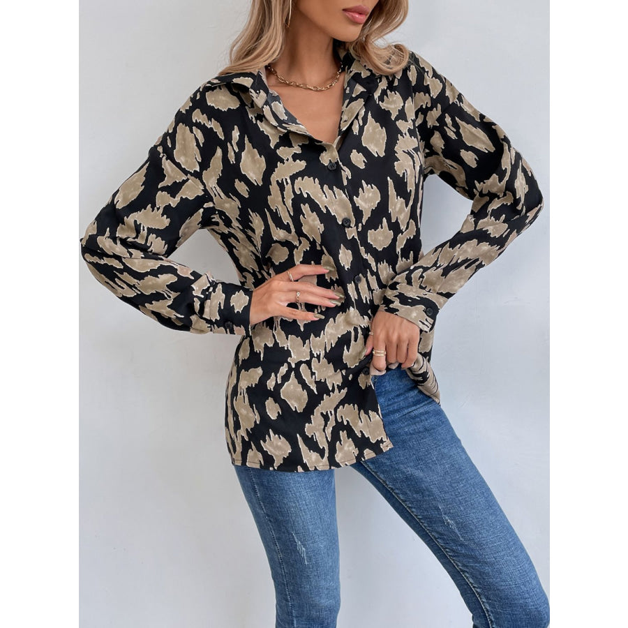 Printed Button Down Collared Neck Long Sleeve Shirt Apparel and Accessories