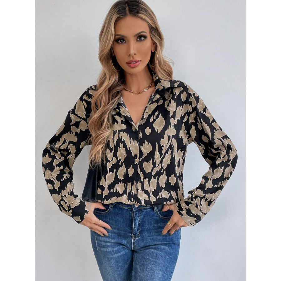 Printed Button Down Collared Neck Long Sleeve Shirt Apparel and Accessories