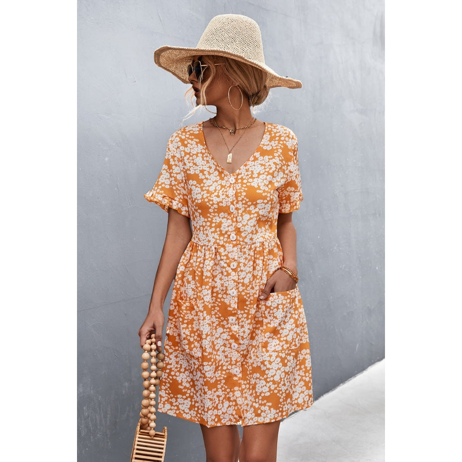 Printed Button down Pocketed Dress Pumpkin / S