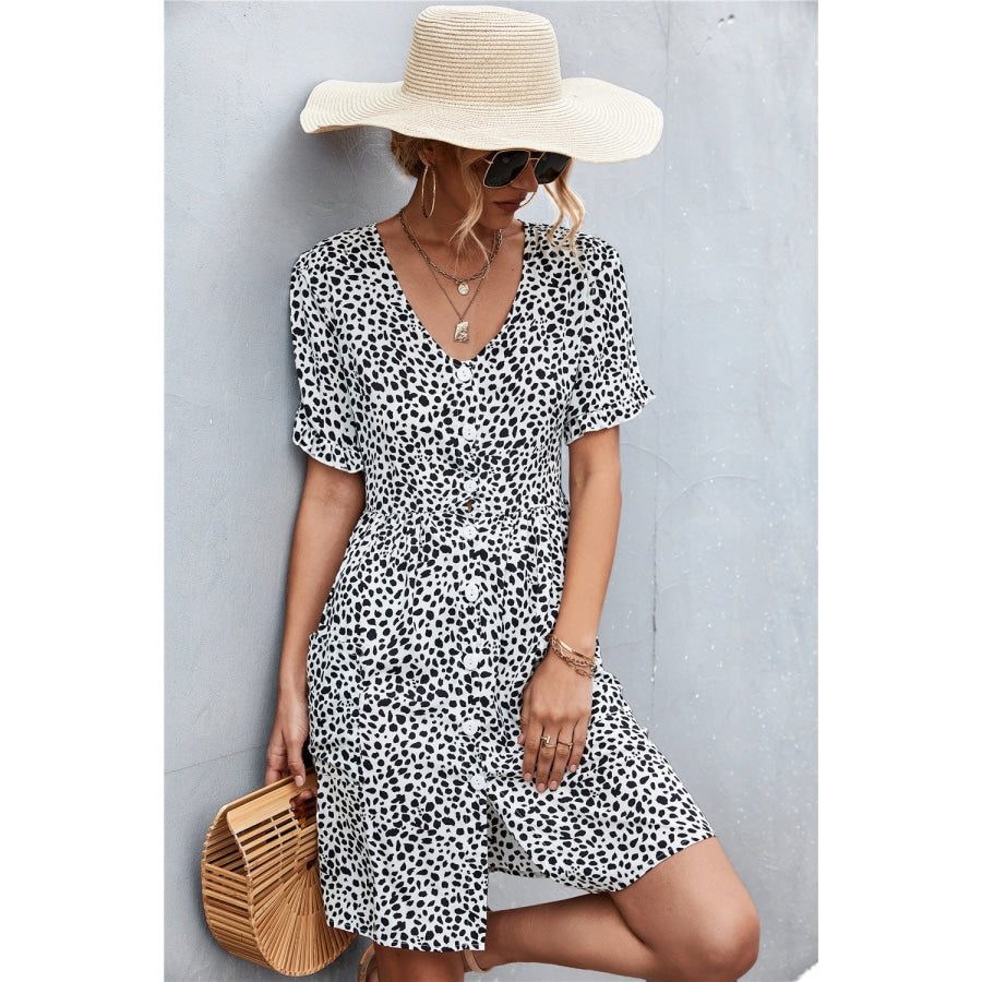 Printed Button down Pocketed Dress White / S