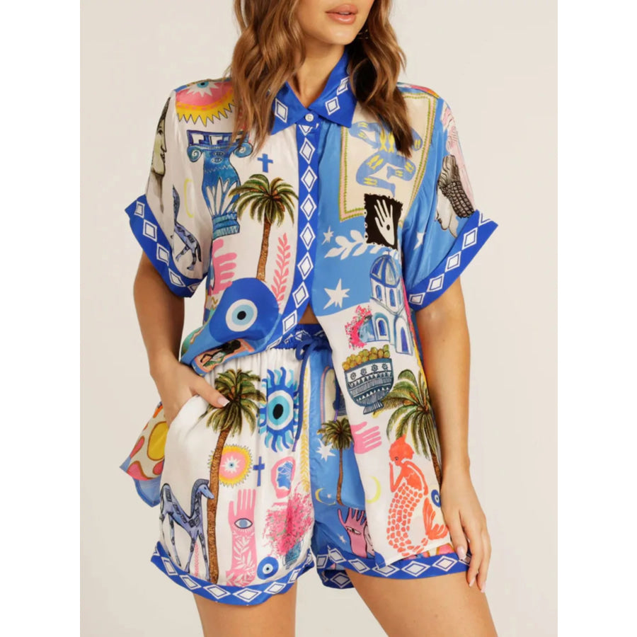 Printed Button-Down Shirt and Shorts Set Royal Blue / S Apparel and Accessories
