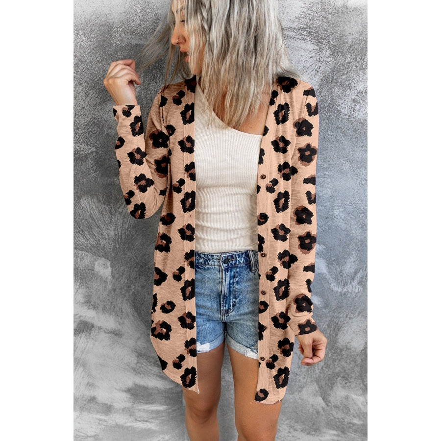 Printed Button Front Longline Cardigan Tan / S