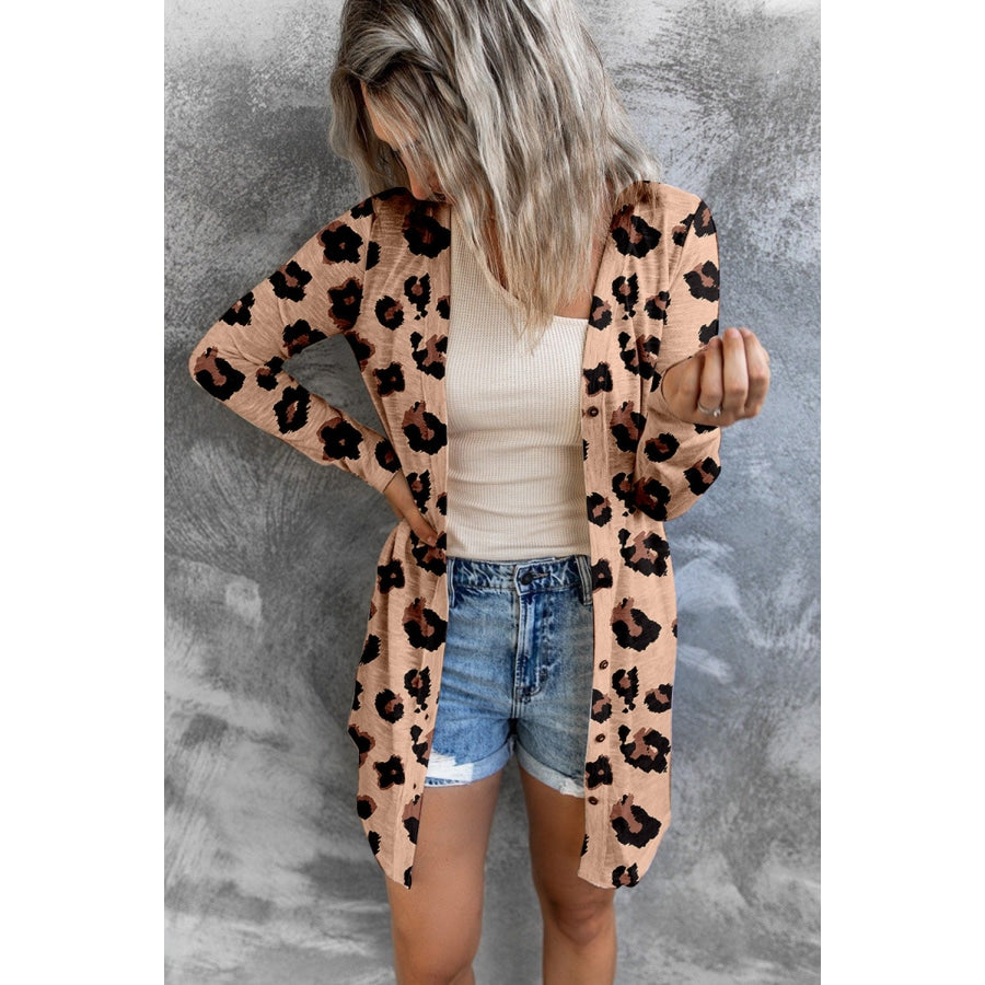 Printed Button Front Longline Cardigan Tan / S