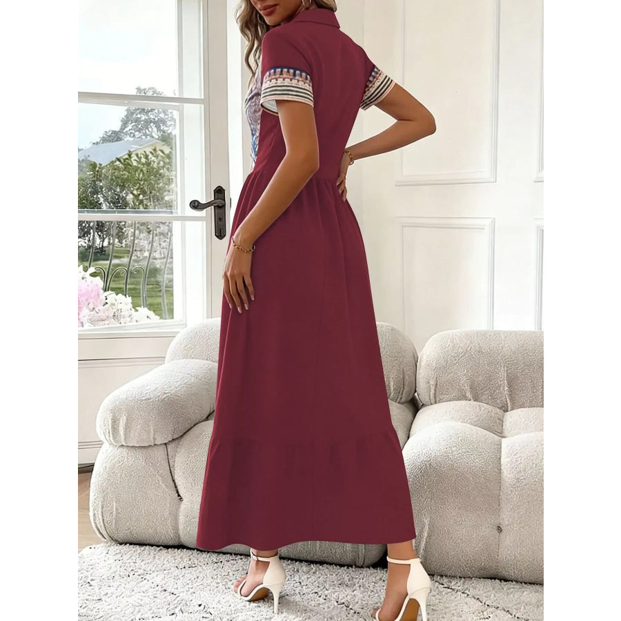 Printed Button-Front Maxi Dress Burgundy / S Apparel and Accessories