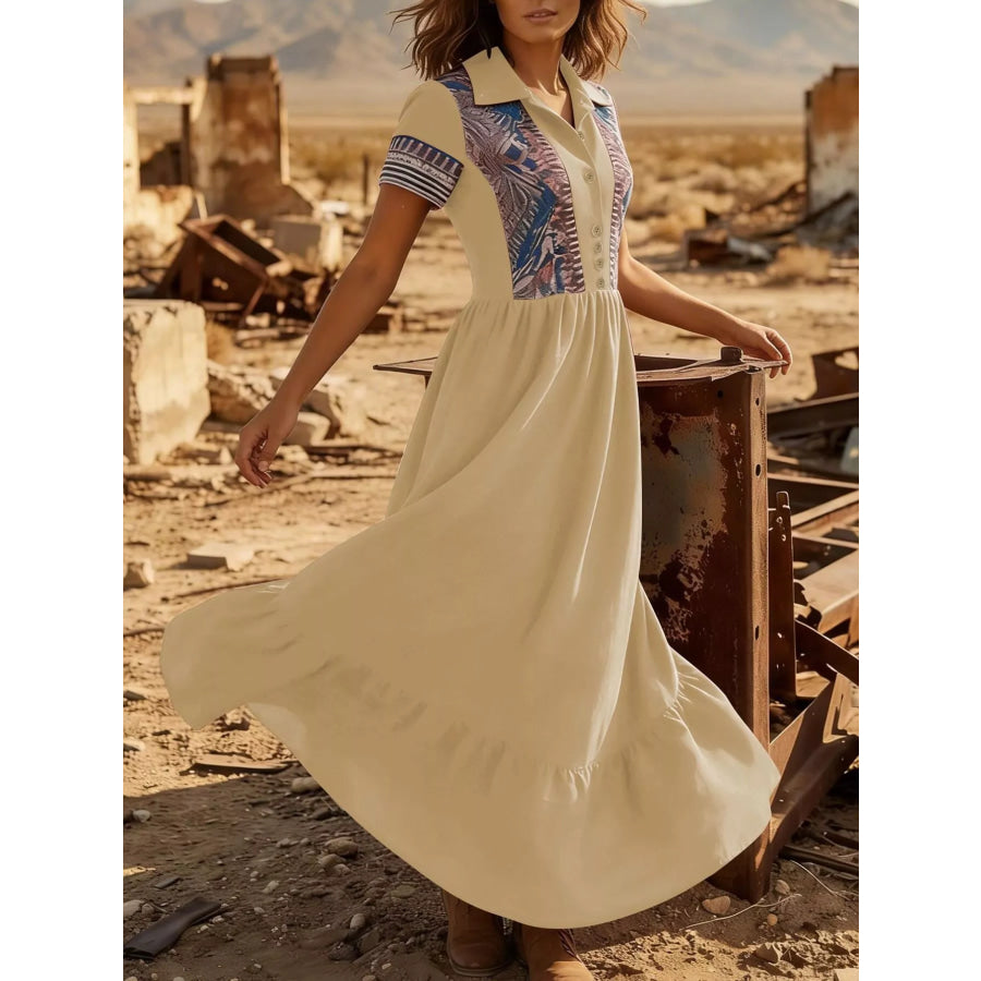 Printed Button-Front Maxi Dress Apparel and Accessories