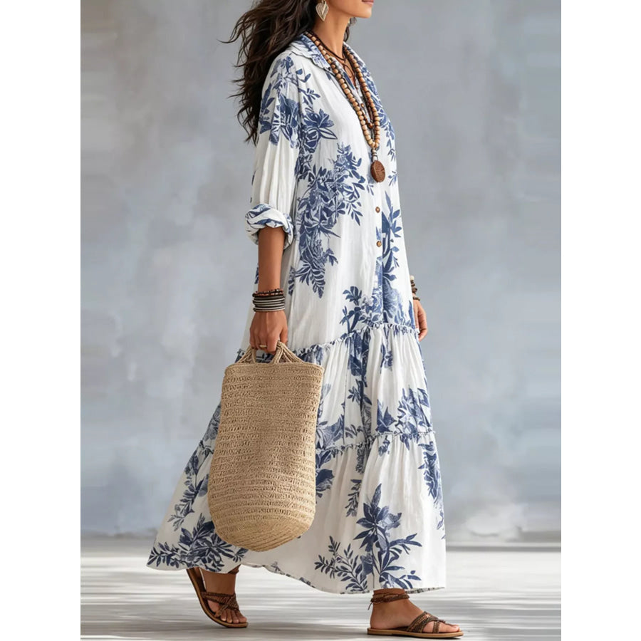 Printed Button Front Maxi Dress Blue / S Apparel and Accessories