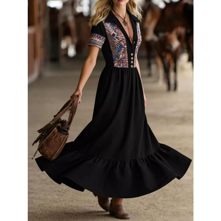 Printed Button-Front Maxi Dress Black / S Apparel and Accessories