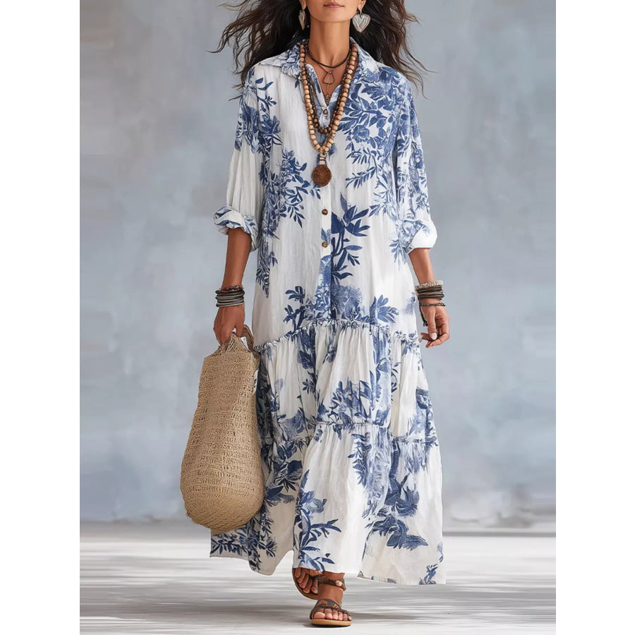 Printed Button Front Maxi Dress Blue / S Apparel and Accessories