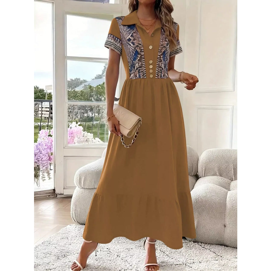Printed Button-Front Maxi Dress Brown / S Apparel and Accessories