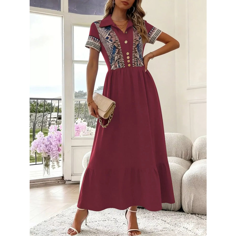 Printed Button-Front Maxi Dress Burgundy / S Apparel and Accessories