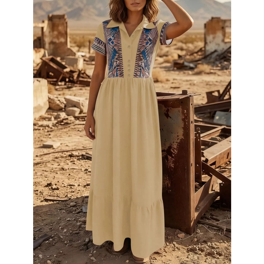 Printed Button-Front Maxi Dress Khaki / S Apparel and Accessories