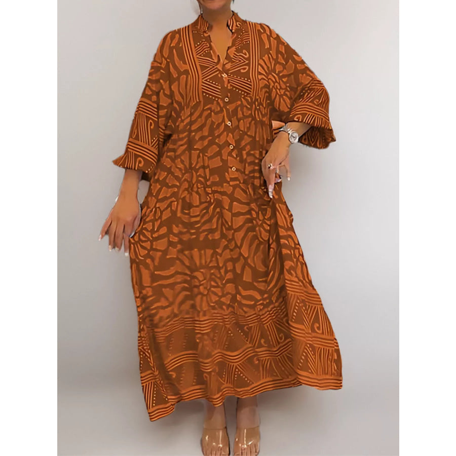 Printed Button Front Midi Dress Brown / S Apparel and Accessories