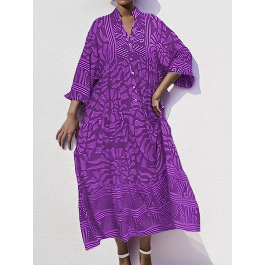Printed Button Front Midi Dress Electric Purple / S Apparel and Accessories