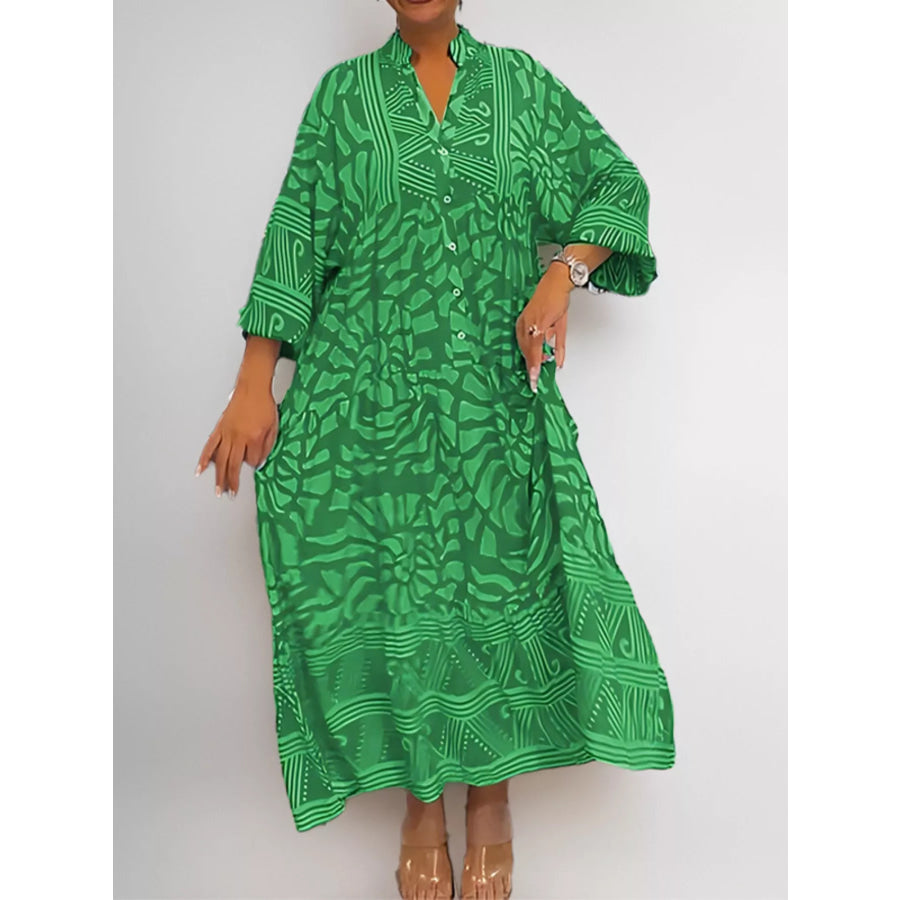 Printed Button Front Midi Dress Green / S Apparel and Accessories