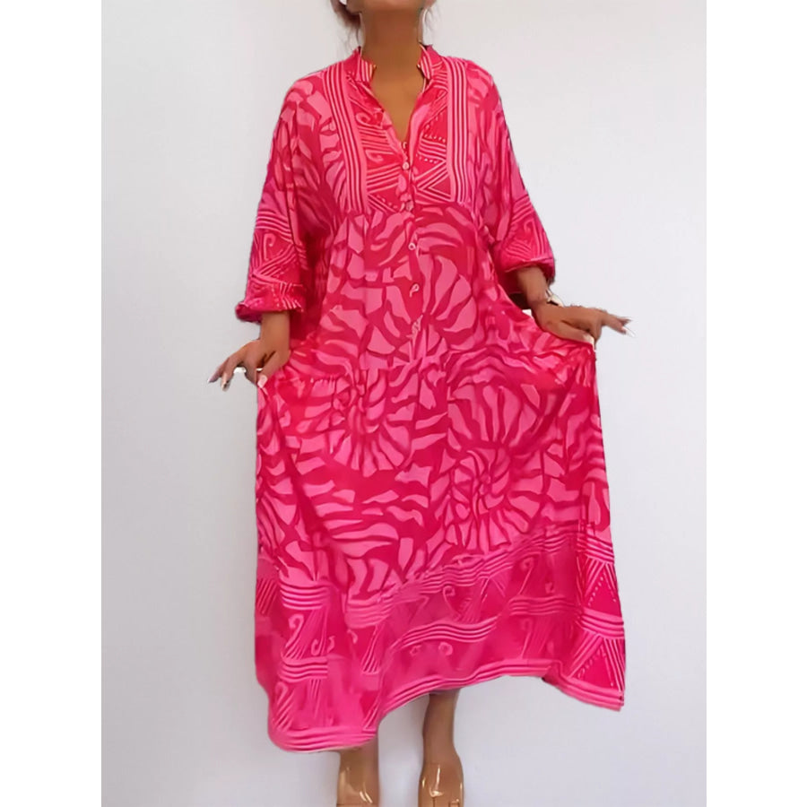 Printed Button Front Midi Dress Hot Pink / S Apparel and Accessories
