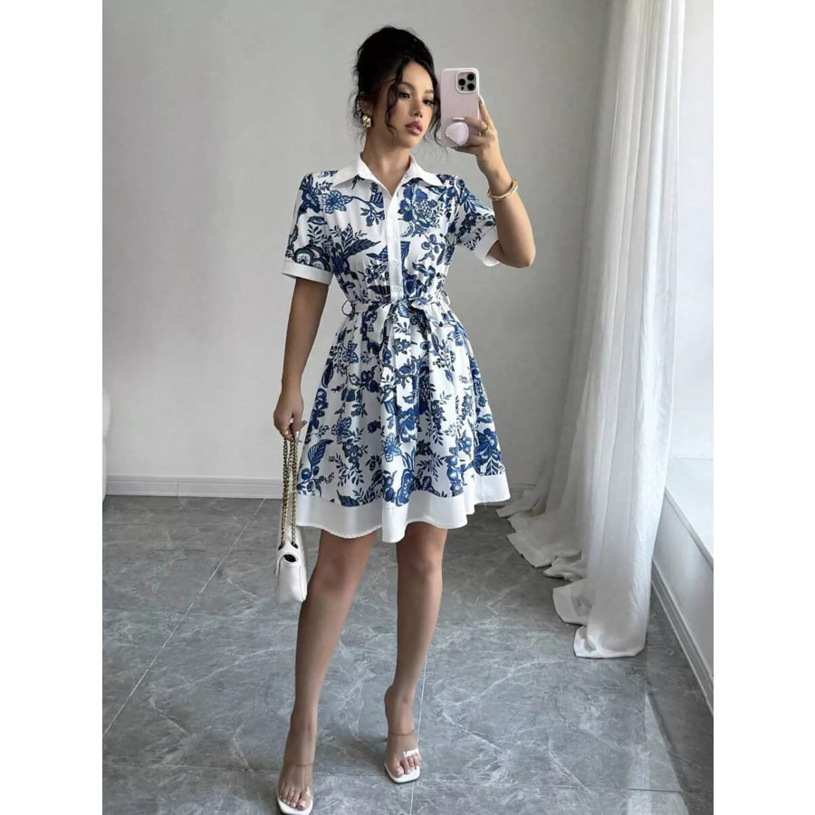 Printed Button Front Mini Dress Apparel and Accessories