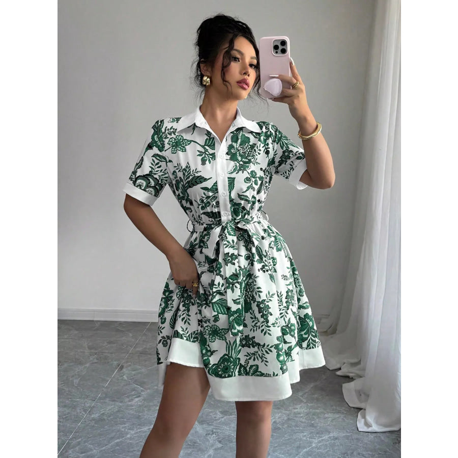 Printed Button Front Mini Dress Apparel and Accessories