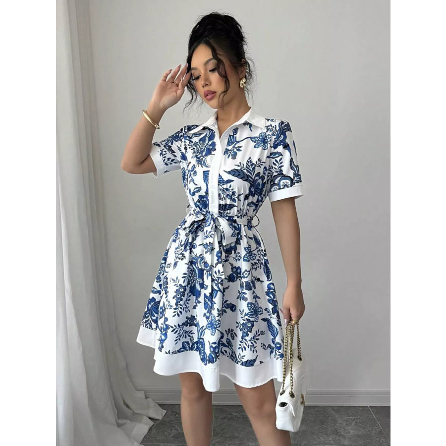 Printed Button Front Mini Dress Apparel and Accessories