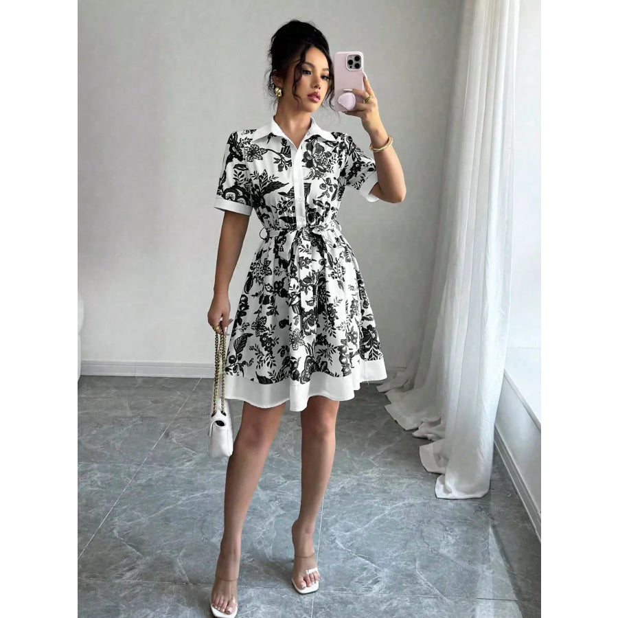Printed Button Front Mini Dress Apparel and Accessories