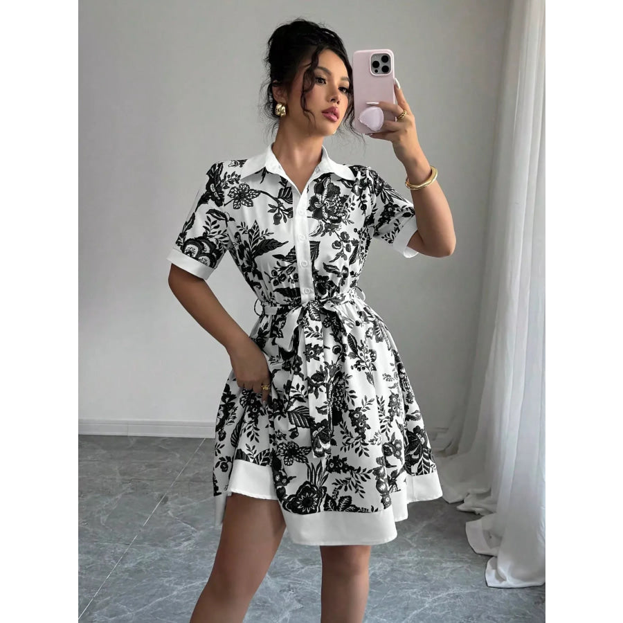 Printed Button Front Mini Dress Black / S Apparel and Accessories