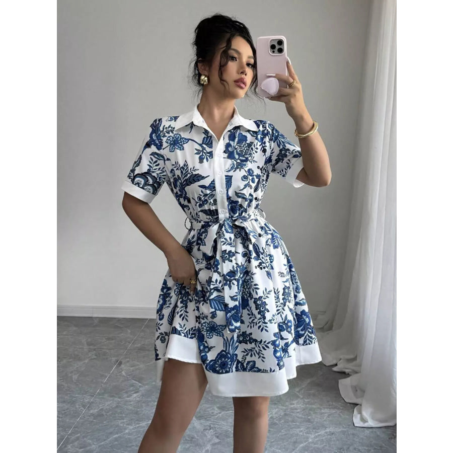 Printed Button Front Mini Dress Indigo / S Apparel and Accessories