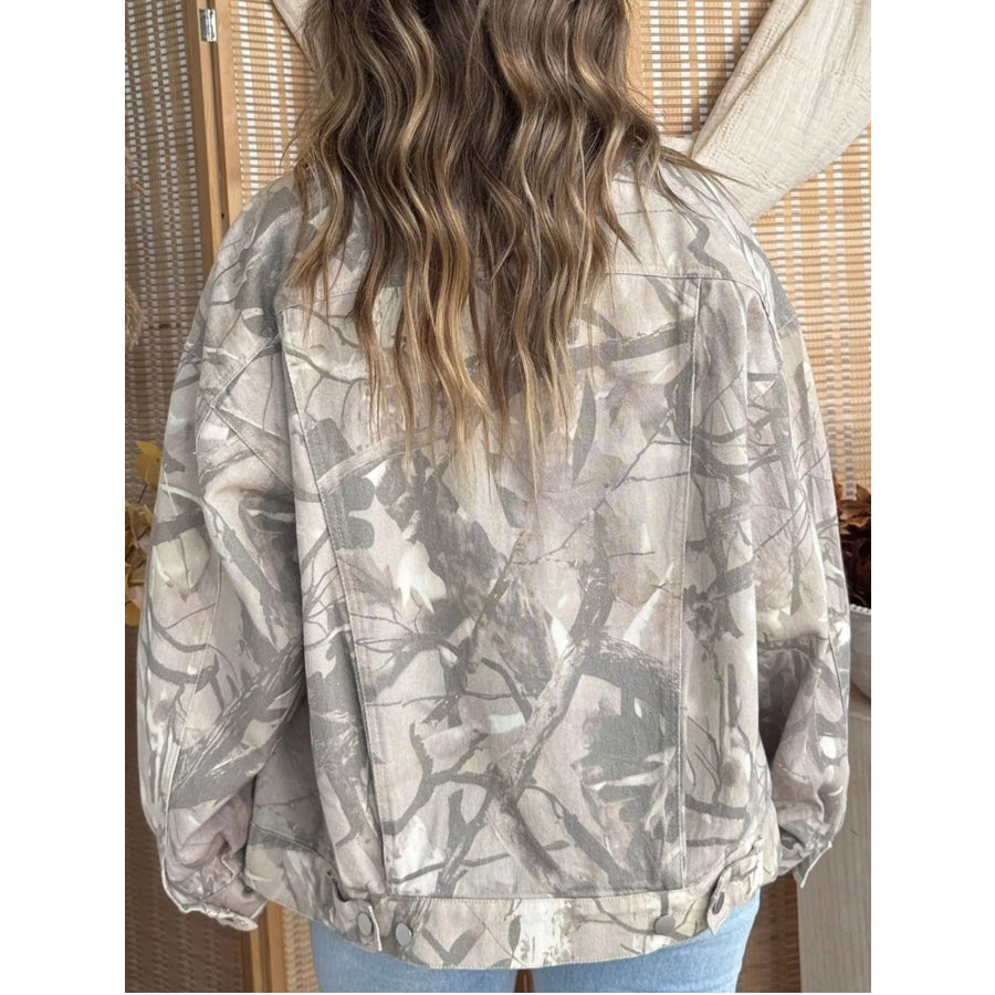 Printed Button Up Denim Jacket Gray / S Apparel and Accessories