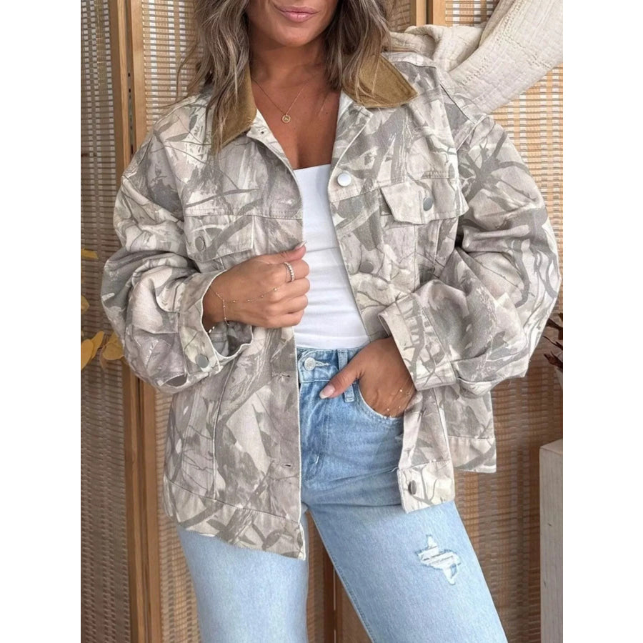 Printed Button Up Denim Jacket Gray / S Apparel and Accessories
