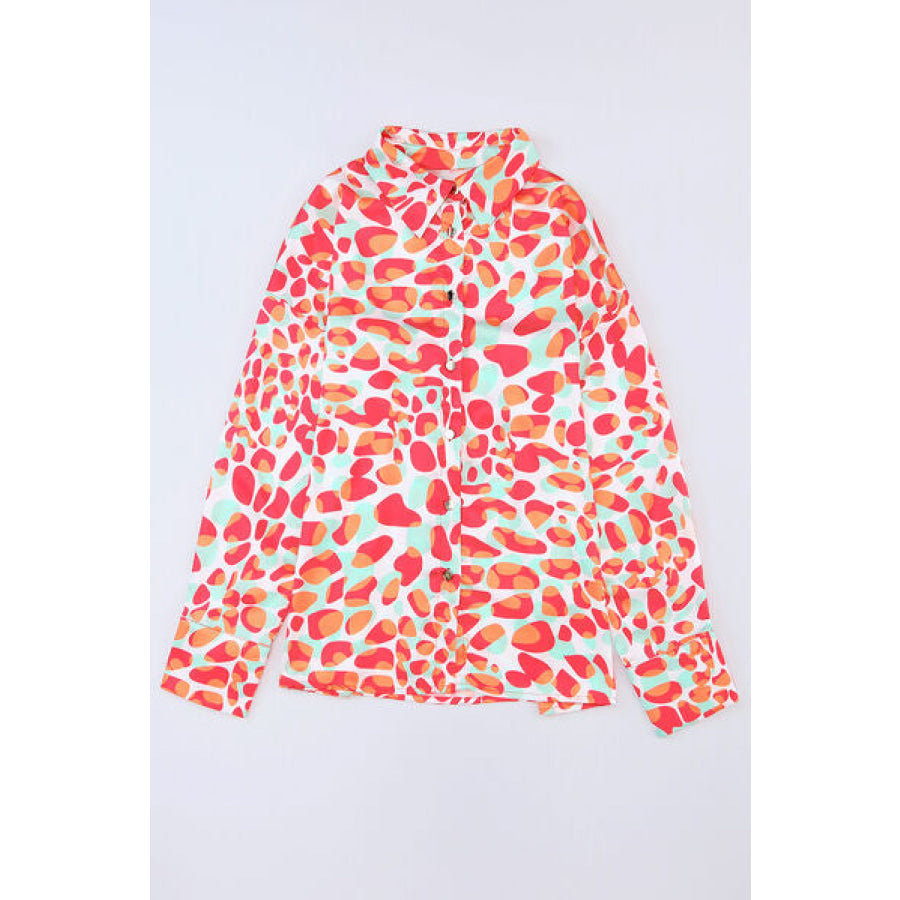 Printed Button Up Dropped Shoulder Shirt Red Orange / S Apparel and Accessories