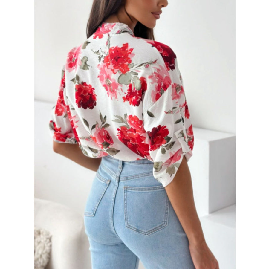 Printed Button Up Half Sleeve Shirt Deep Red / S Apparel and Accessories