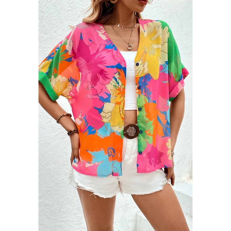 Printed Button Up Half Sleeve Shirt Floral / S Apparel and Accessories