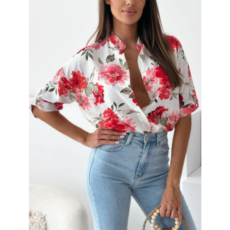 Printed Button Up Half Sleeve Shirt Deep Red / S Apparel and Accessories
