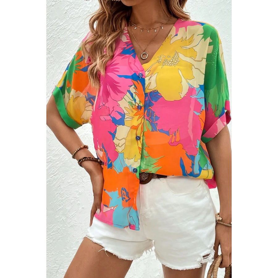 Printed Button Up Half Sleeve Shirt Floral / S Apparel and Accessories