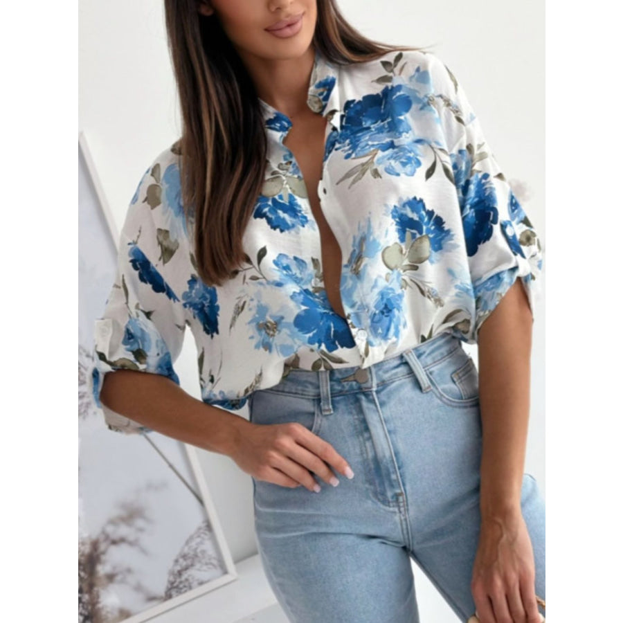 Printed Button Up Half Sleeve Shirt Royal Blue / S Apparel and Accessories