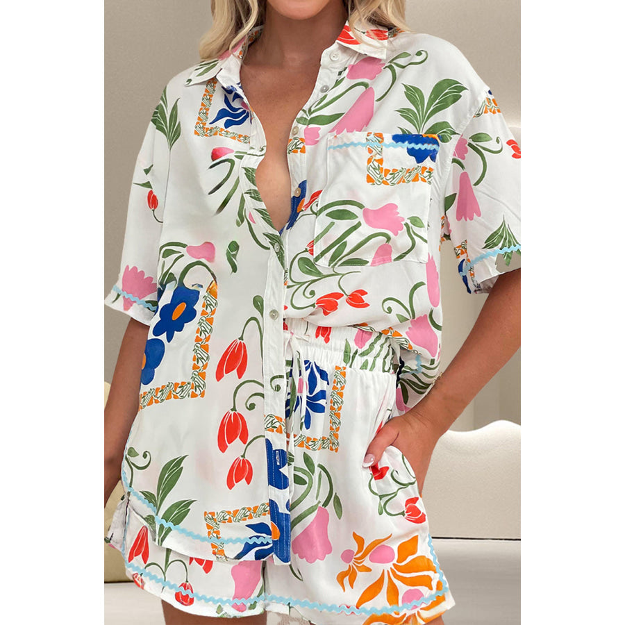 Printed Button Up Half Sleeve Top and Shorts Set Floral / S Apparel and Accessories