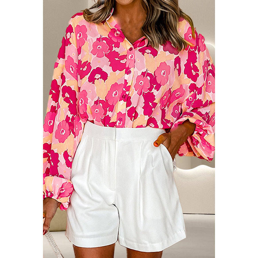 Printed Button Up Long Sleeve Blouse Strawberry / S Apparel and Accessories