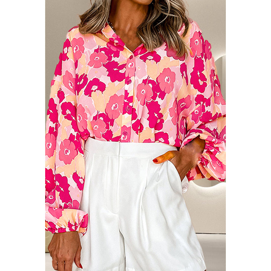 Printed Button Up Long Sleeve Blouse Strawberry / S Apparel and Accessories