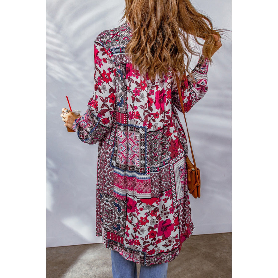 Printed Button Up Long Sleeve Cardigan Hot Pink / S Apparel and Accessories