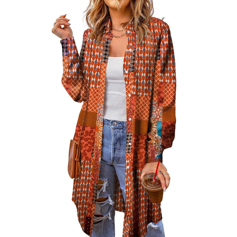 Printed Button Up Long Sleeve Cardigan Apparel and Accessories