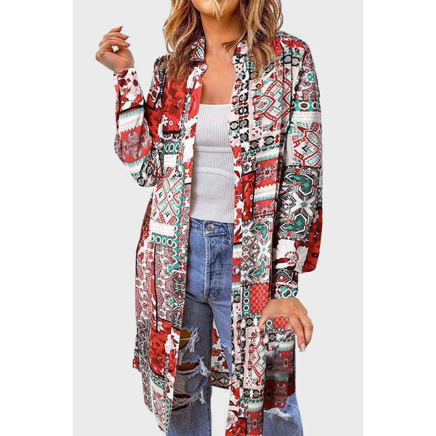 Printed Button Up Long Sleeve Cardigan Deep Red / S Apparel and Accessories