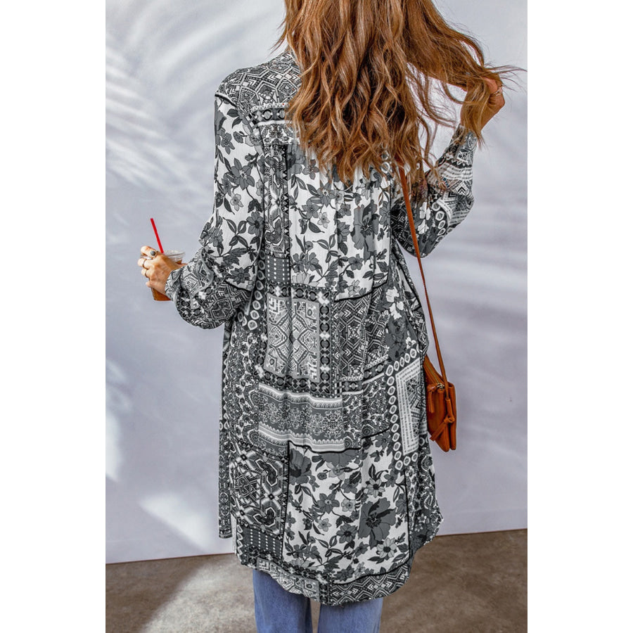 Printed Button Up Long Sleeve Cardigan Gray / S Apparel and Accessories