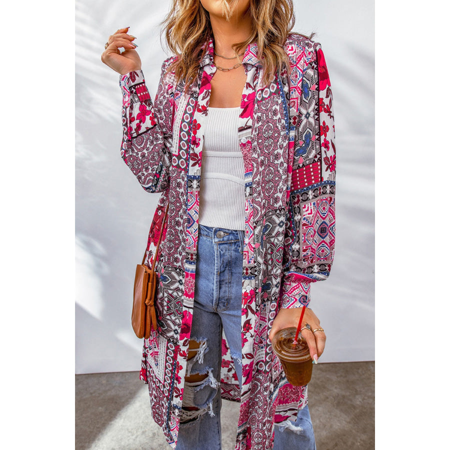 Printed Button Up Long Sleeve Cardigan Hot Pink / S Apparel and Accessories