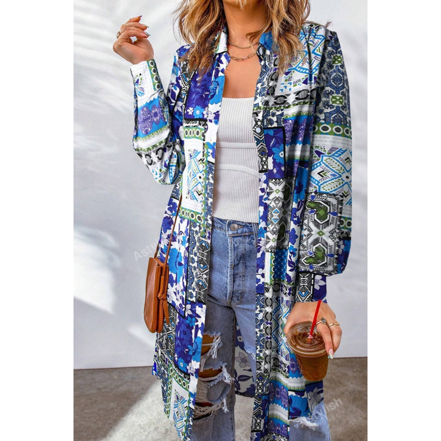 Printed Button Up Long Sleeve Cardigan Royal Blue / S Apparel and Accessories