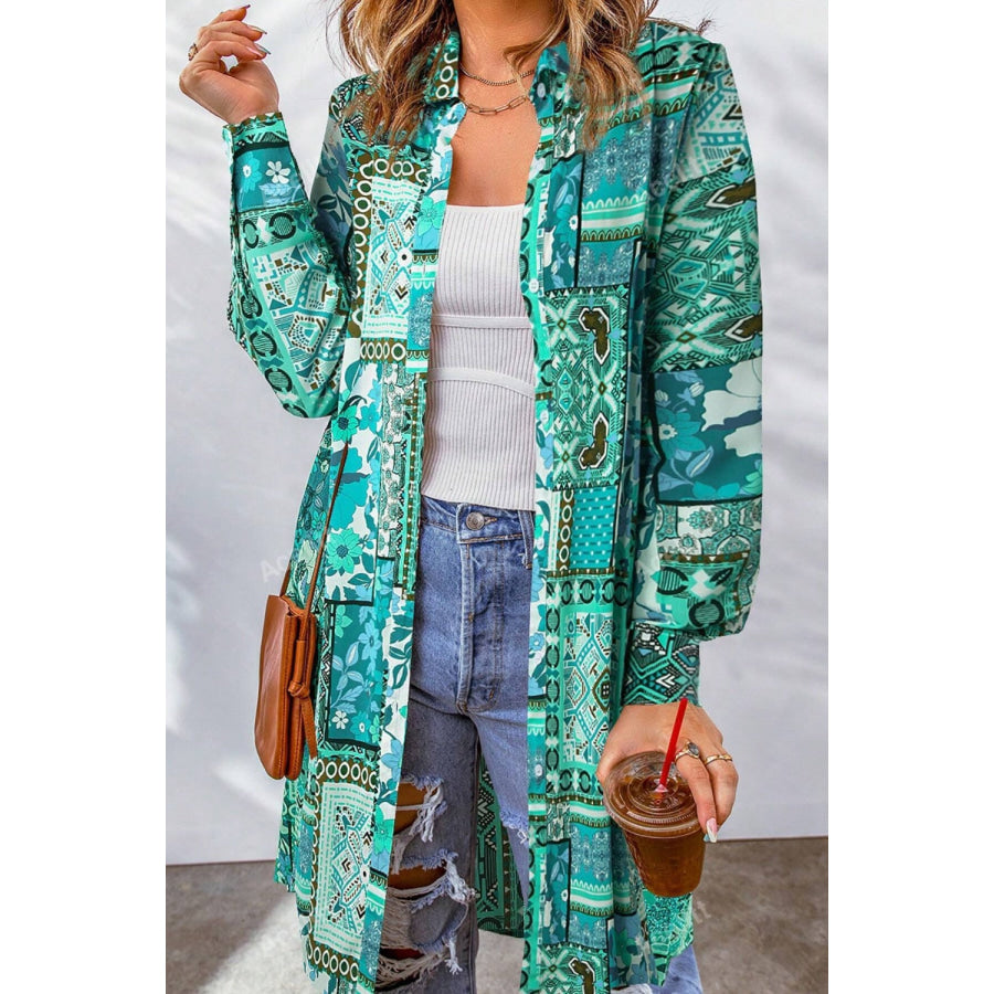 Printed Button Up Long Sleeve Cardigan Turquoise / S Apparel and Accessories