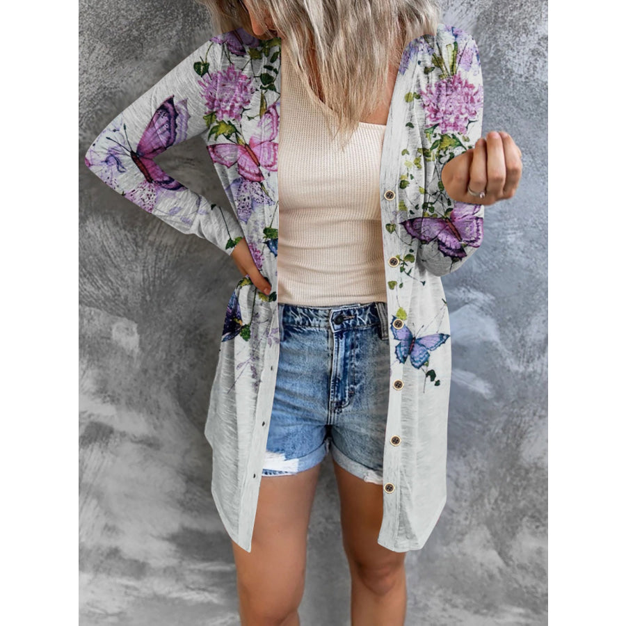 Printed Button Up Long Sleeve Cardigan White / S Apparel and Accessories