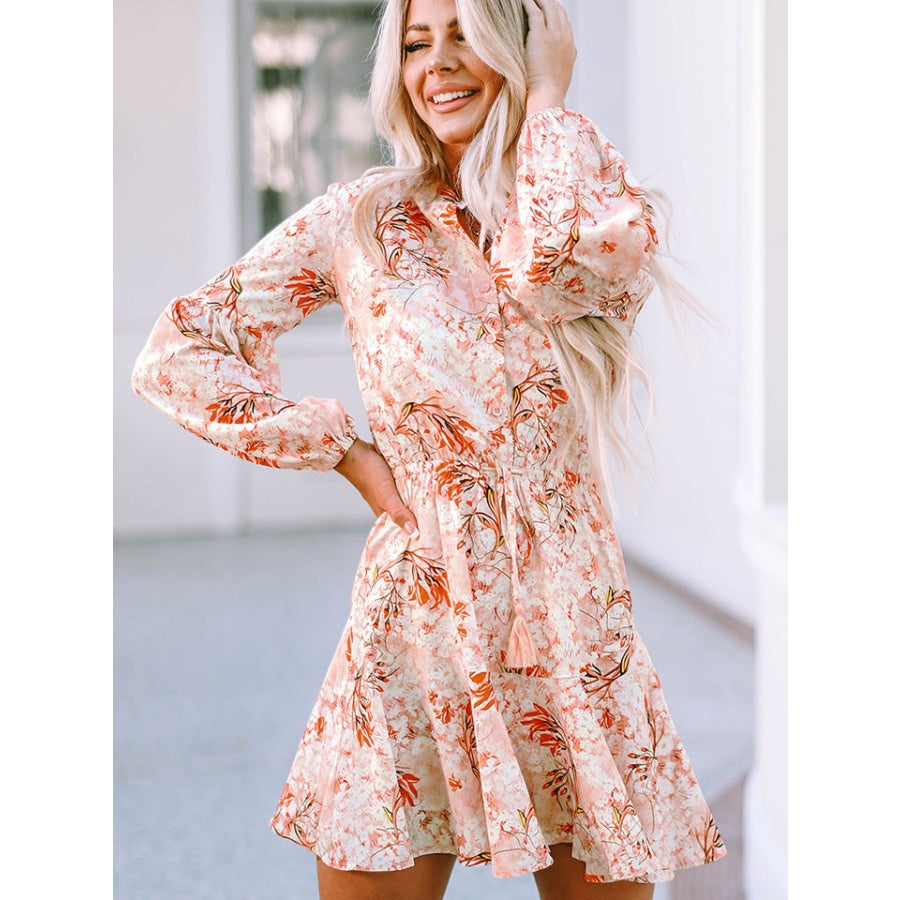 Printed Button-Up Long Sleeve Dress Peach / S