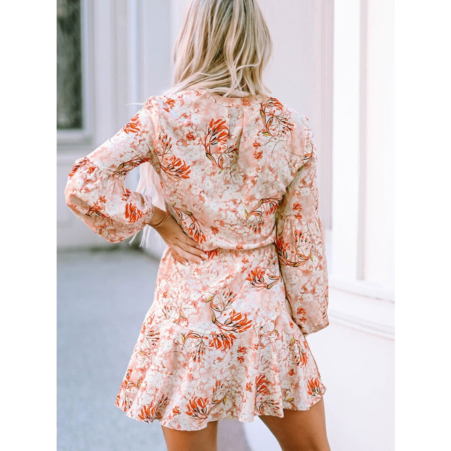 Printed Button-Up Long Sleeve Dress Peach / S