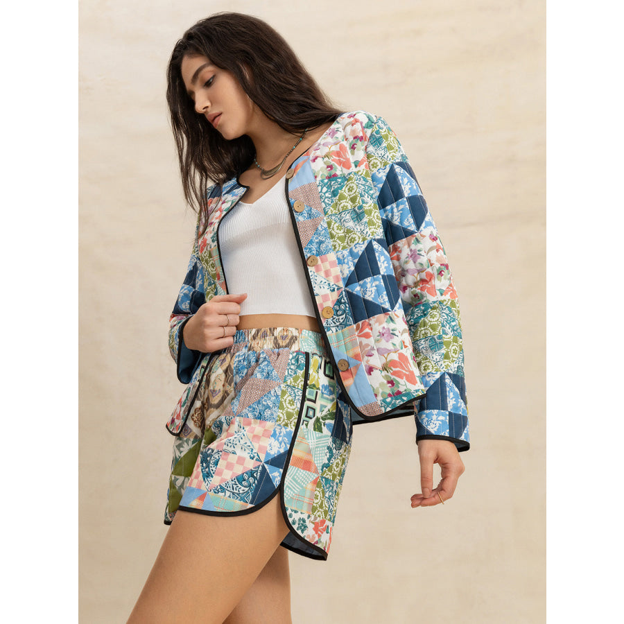 Printed Button Up Long Sleeve Outerwear and Shorts Set Apparel and Accessories